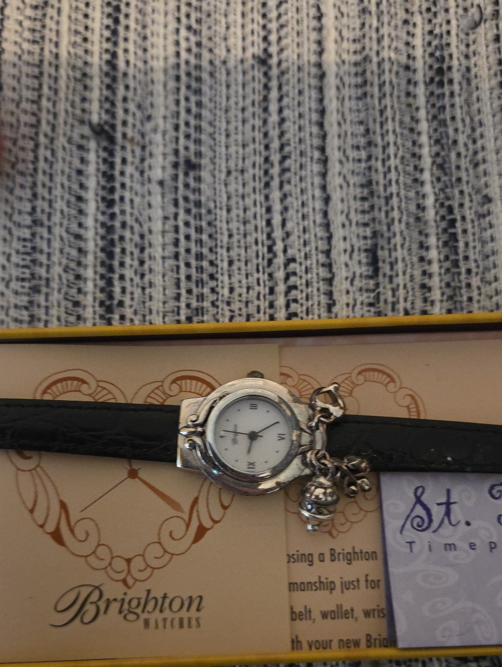 Brighton Black Leather Strap Charm Watch with Silver Accents